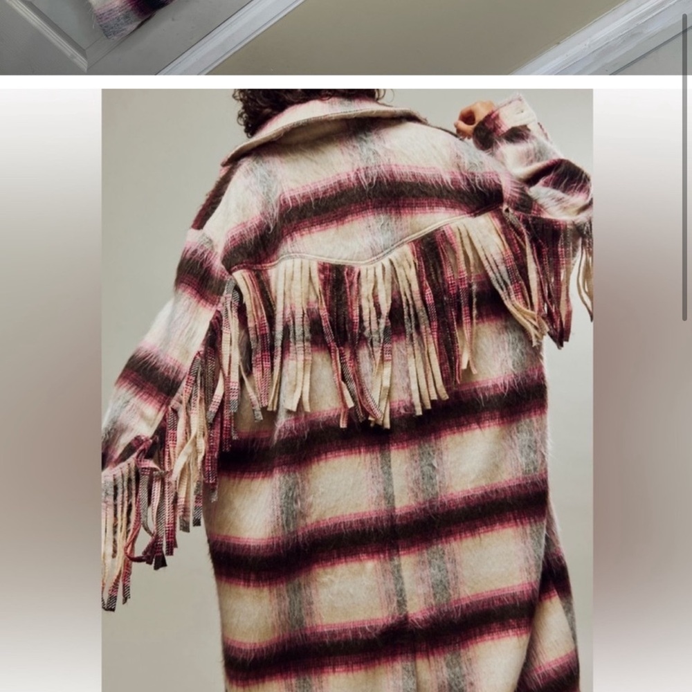 Free People Bali Pressley Wool long Duster coat fringe plaid - Picture 4 of 15